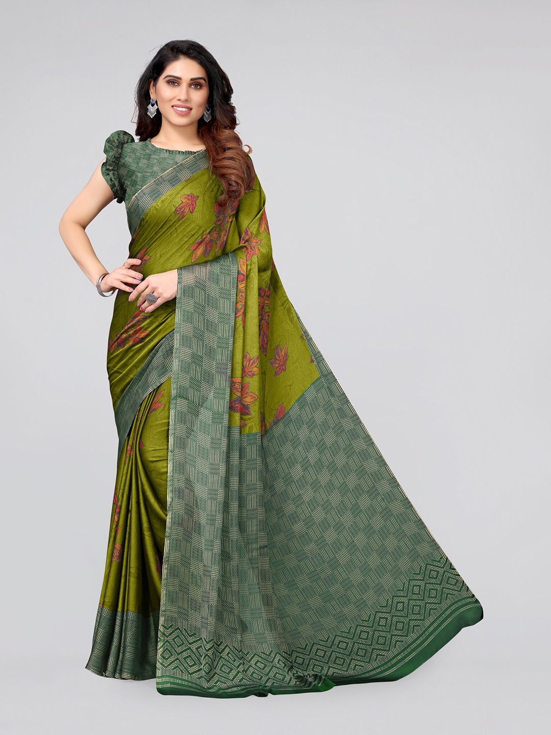 

MIRCHI FASHION Green & Pink Floral Poly Chiffon Saree