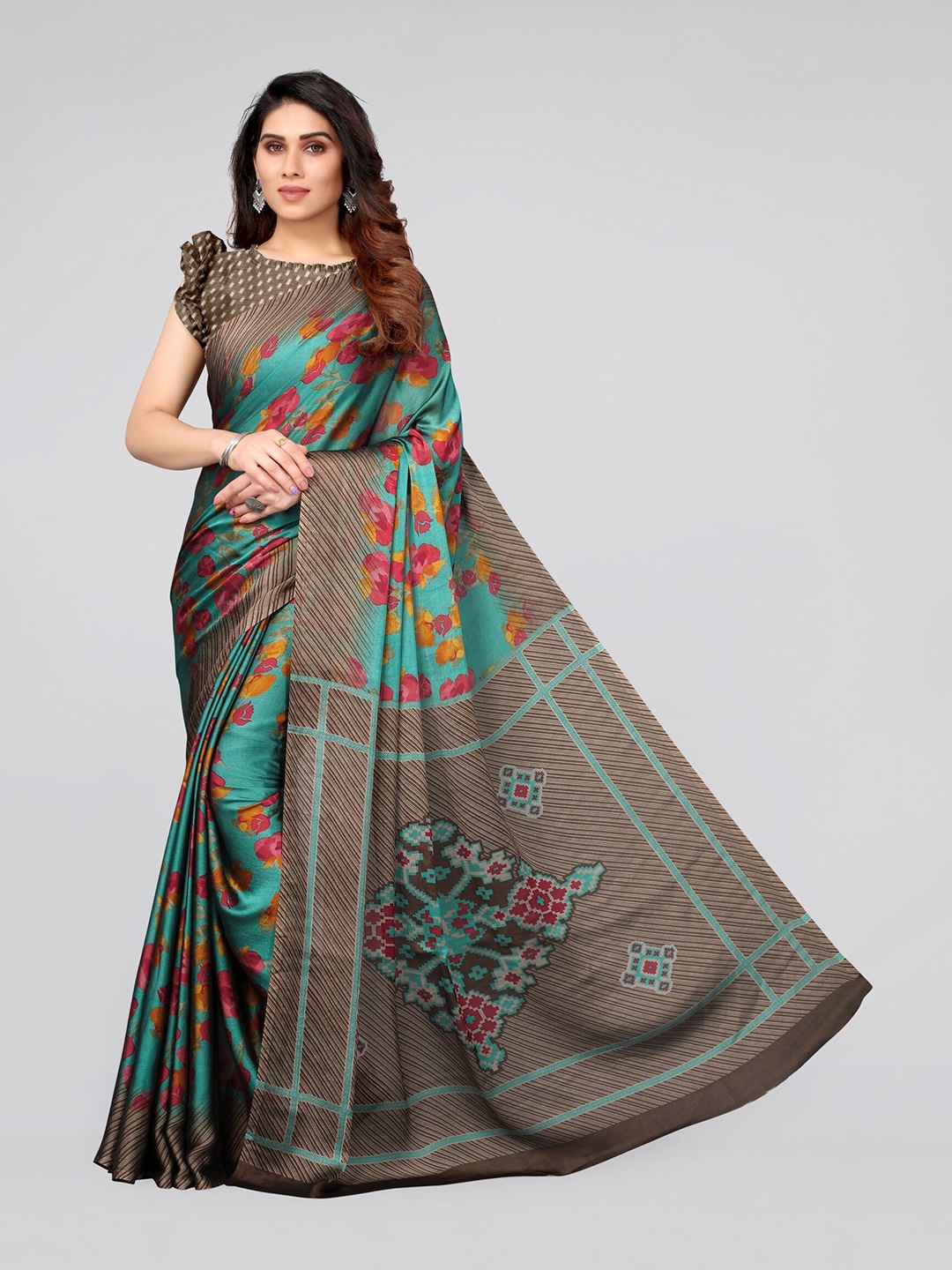 

MIRCHI FASHION Teal & Red Floral Poly Chiffon Saree