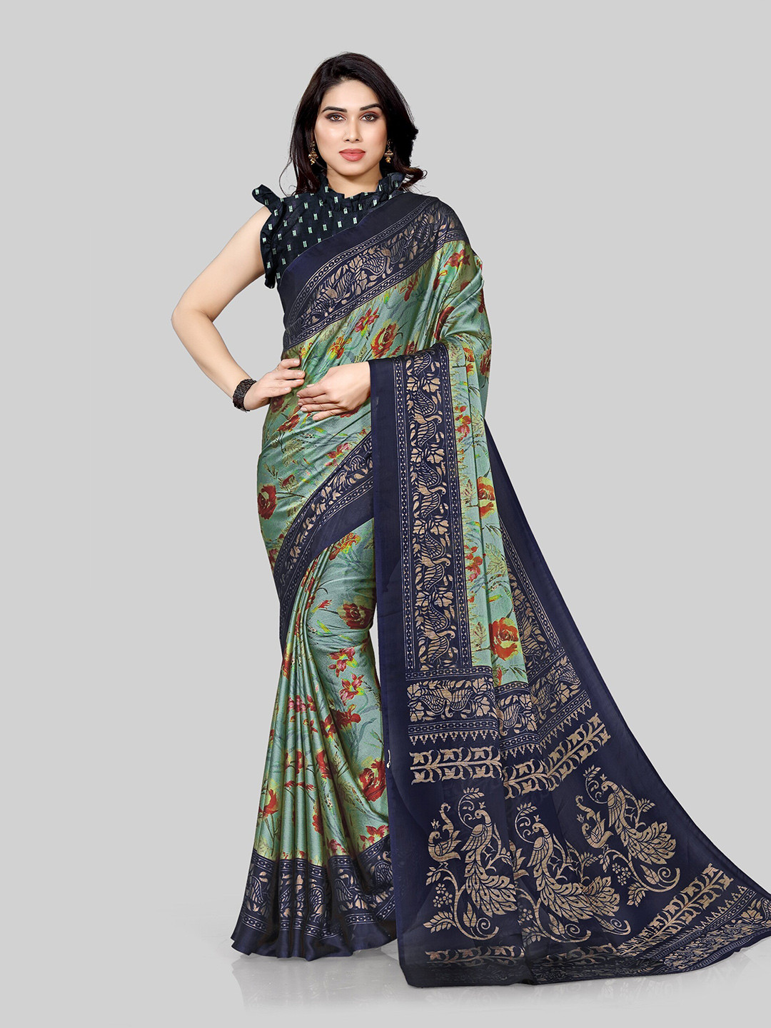 

KALINI Green & Navy Blue Floral Saree