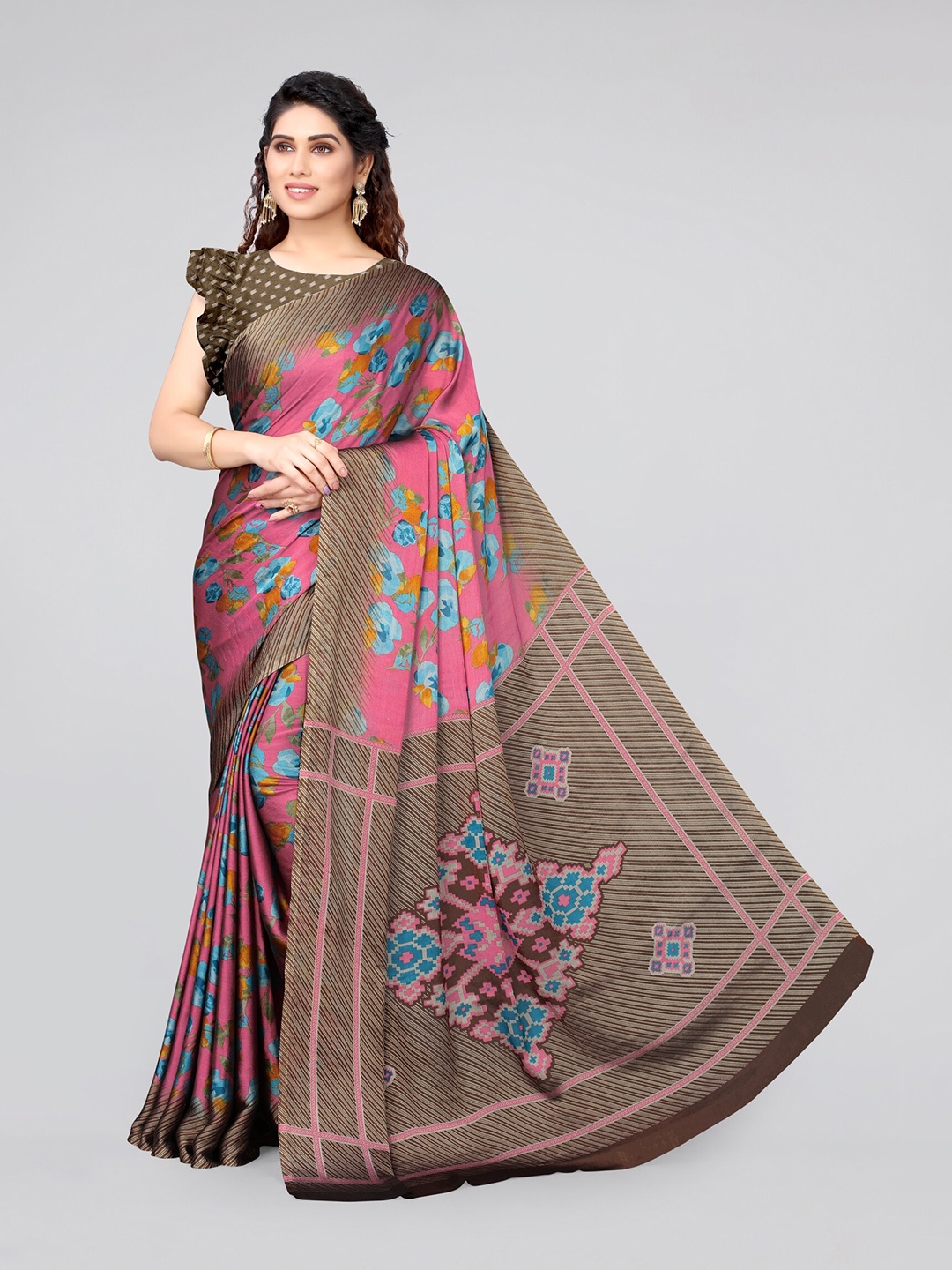 

MIRCHI FASHION Pink & Blue Floral Saree