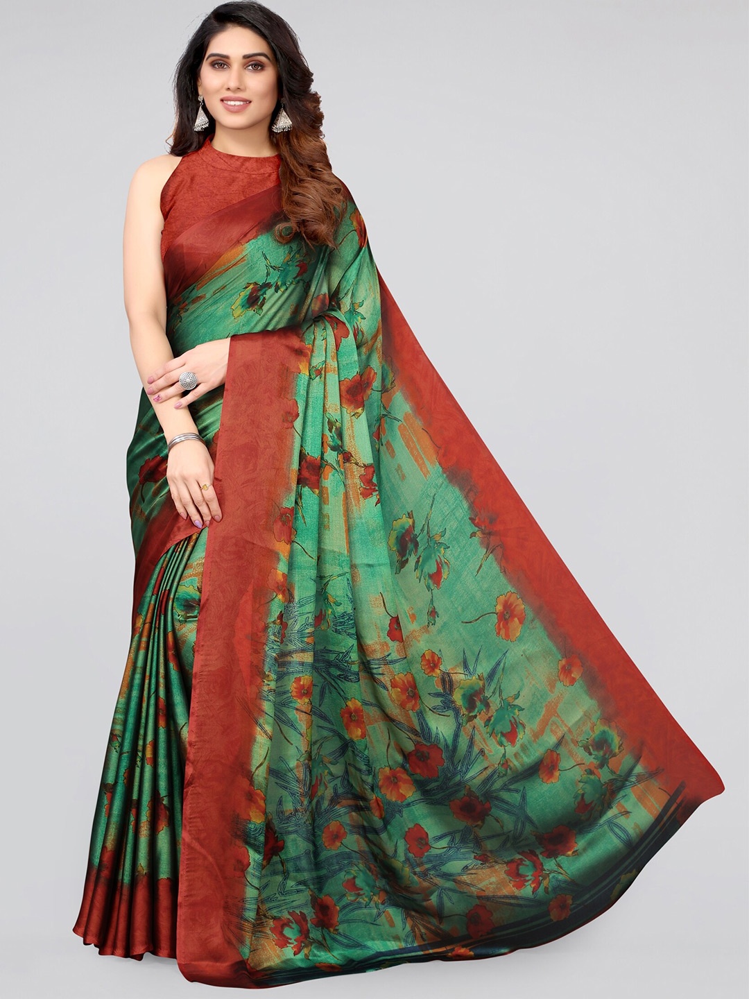 

MIRCHI FASHION Teal Green & Maroon Floral Saree
