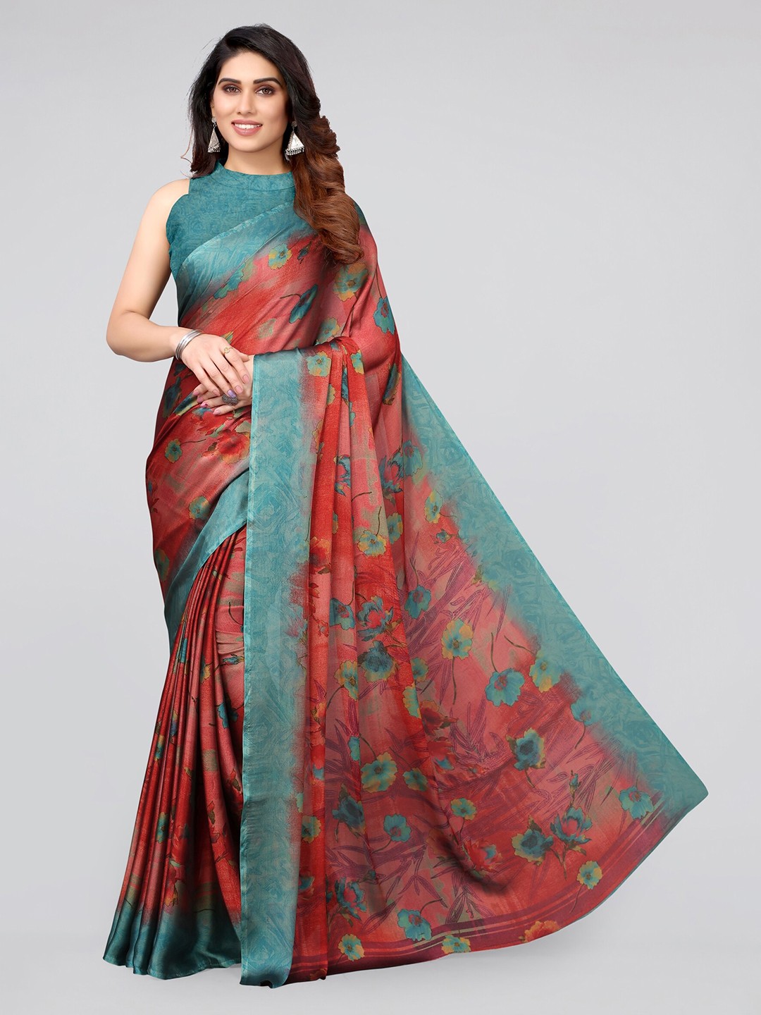 

MIRCHI FASHION Rust Pink N Turquoise Poly Chiffon Saree