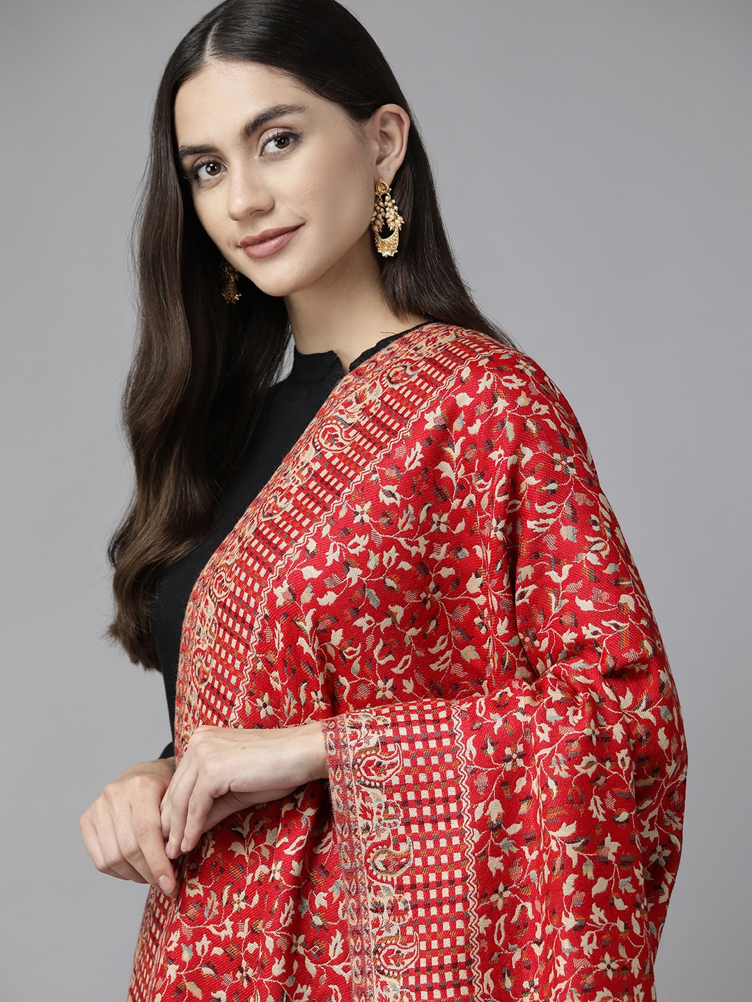 

Cayman Women Ethnic Motifs Knitted Winter Shawl, Red
