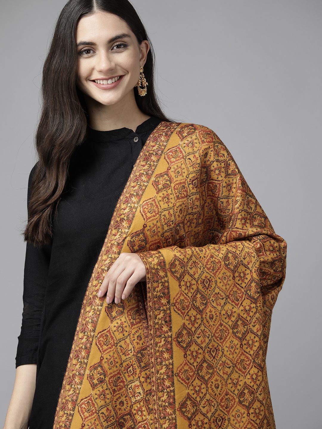 

Cayman Women Ethnic Motifs Knitted Winter Shawl, Mustard