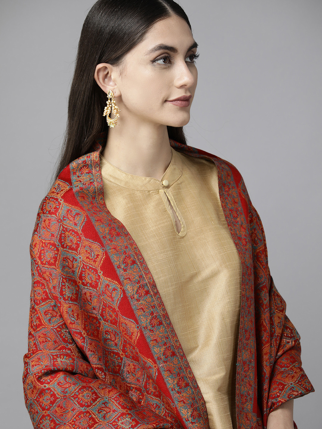 

Cayman Women Ethnic Motifs Knitted Winter Shawl, Red