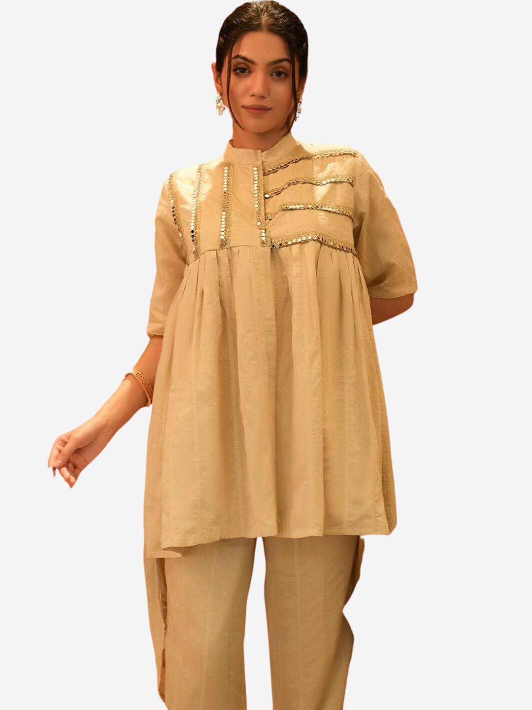 

Alaya By Stage3 Women Beige Yoke Design Mirror Work Chanderi Cotton Kurta Set