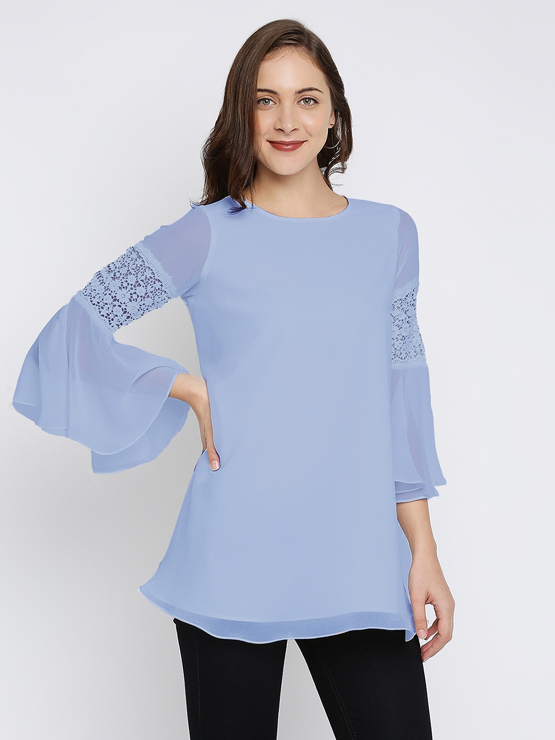 

Ira Soleil Women Blue Solid Bell Sleeves Georgette Top