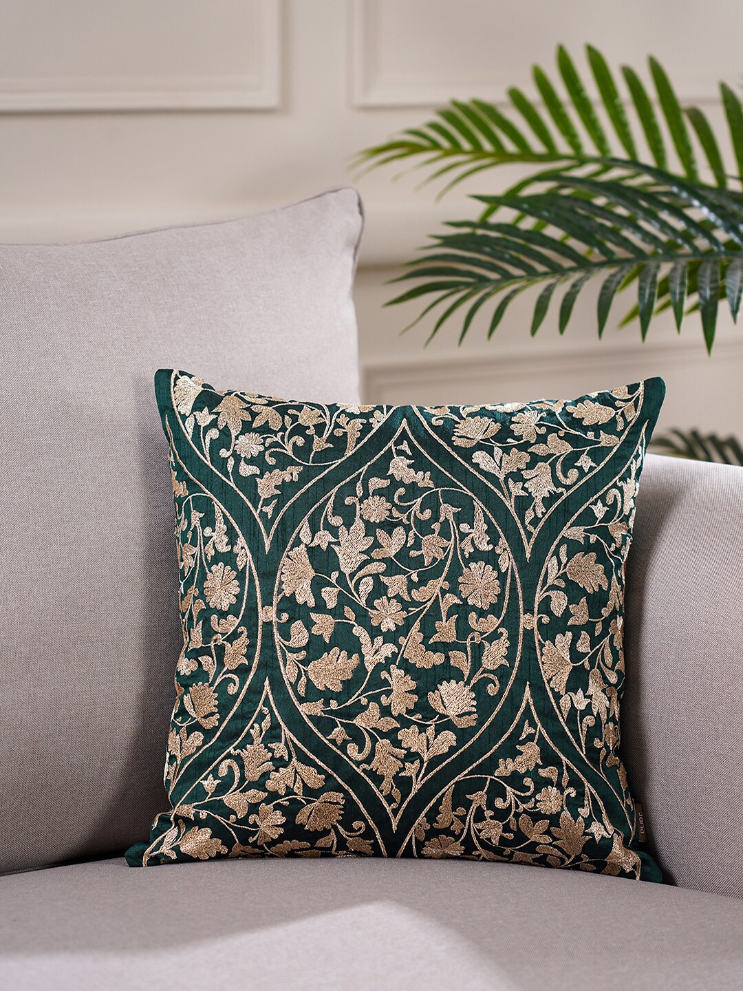 

Pure Home and Living Green & Gold Floral Embroidered Square Cushion Cover