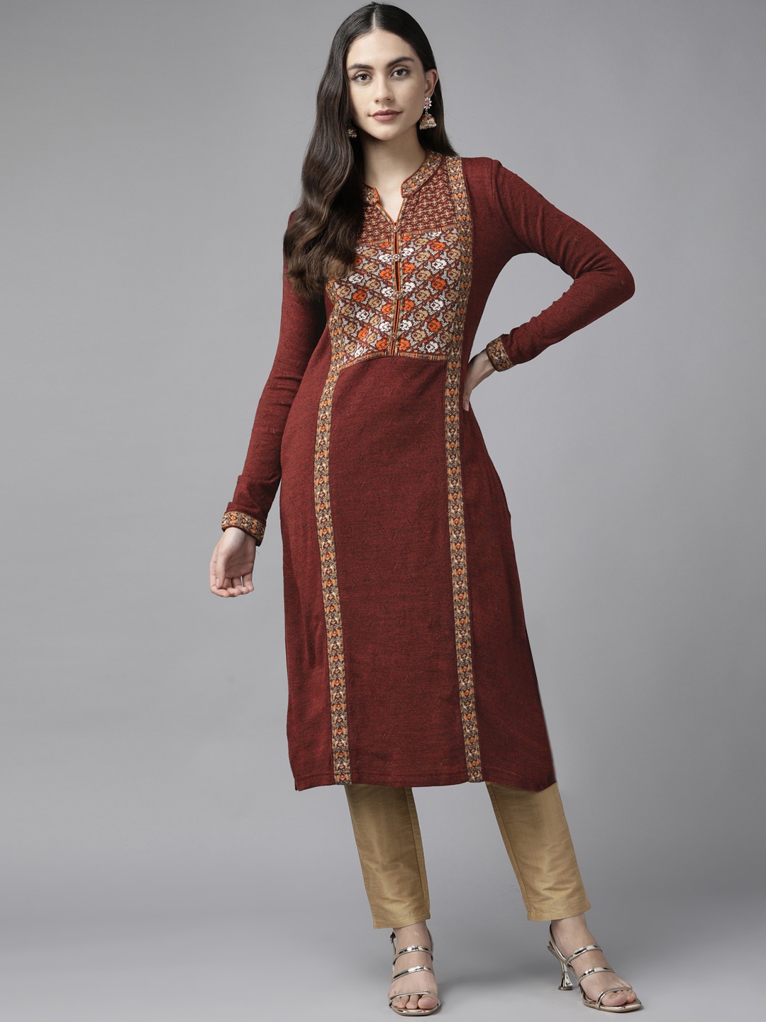 

Cayman Women Ethnic Motifs Woven Design Knitted Woolen Kurta, Maroon