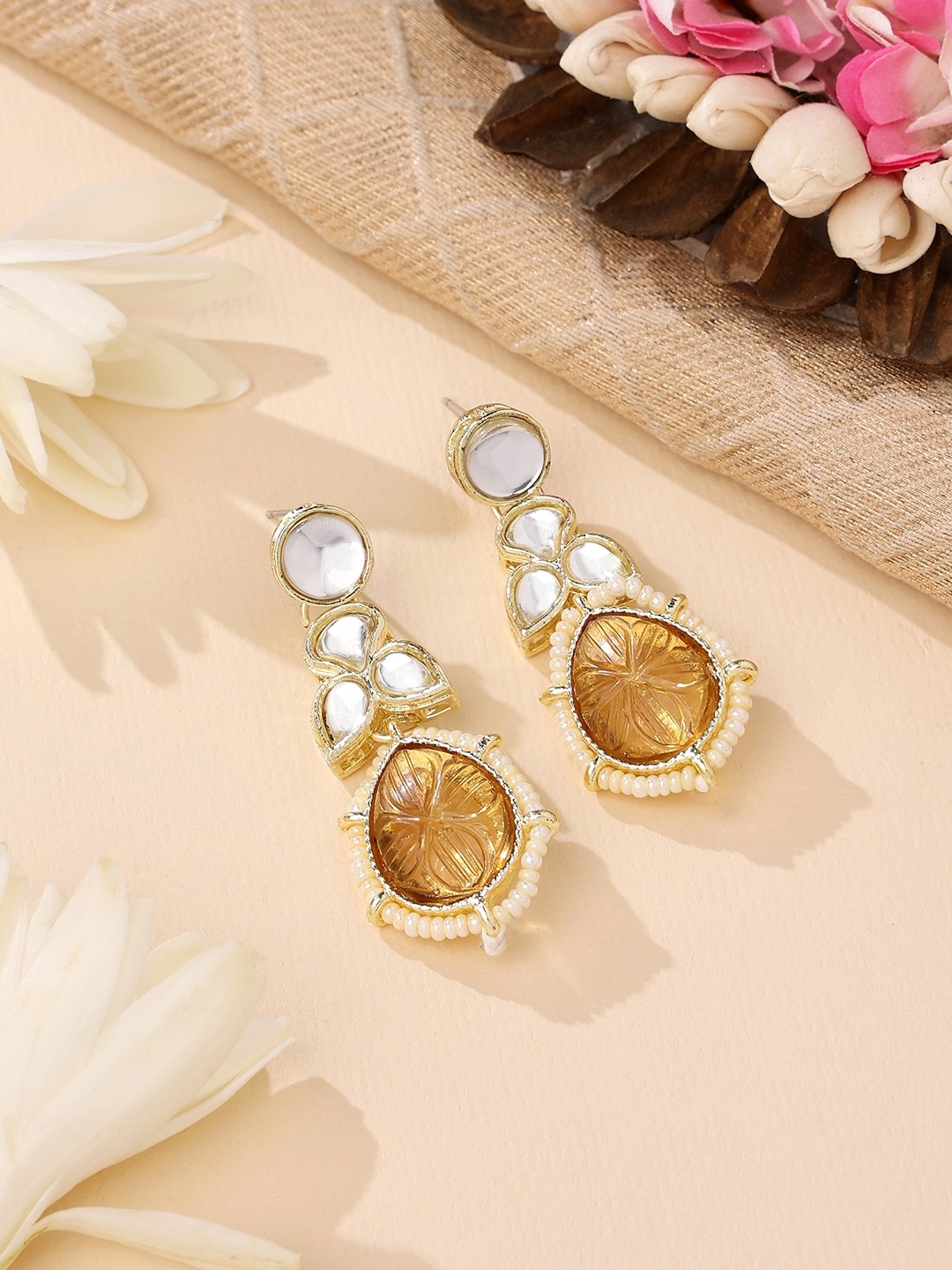 

Zaveri Pearls Women Yellow & White Contemporary Drop Earrings