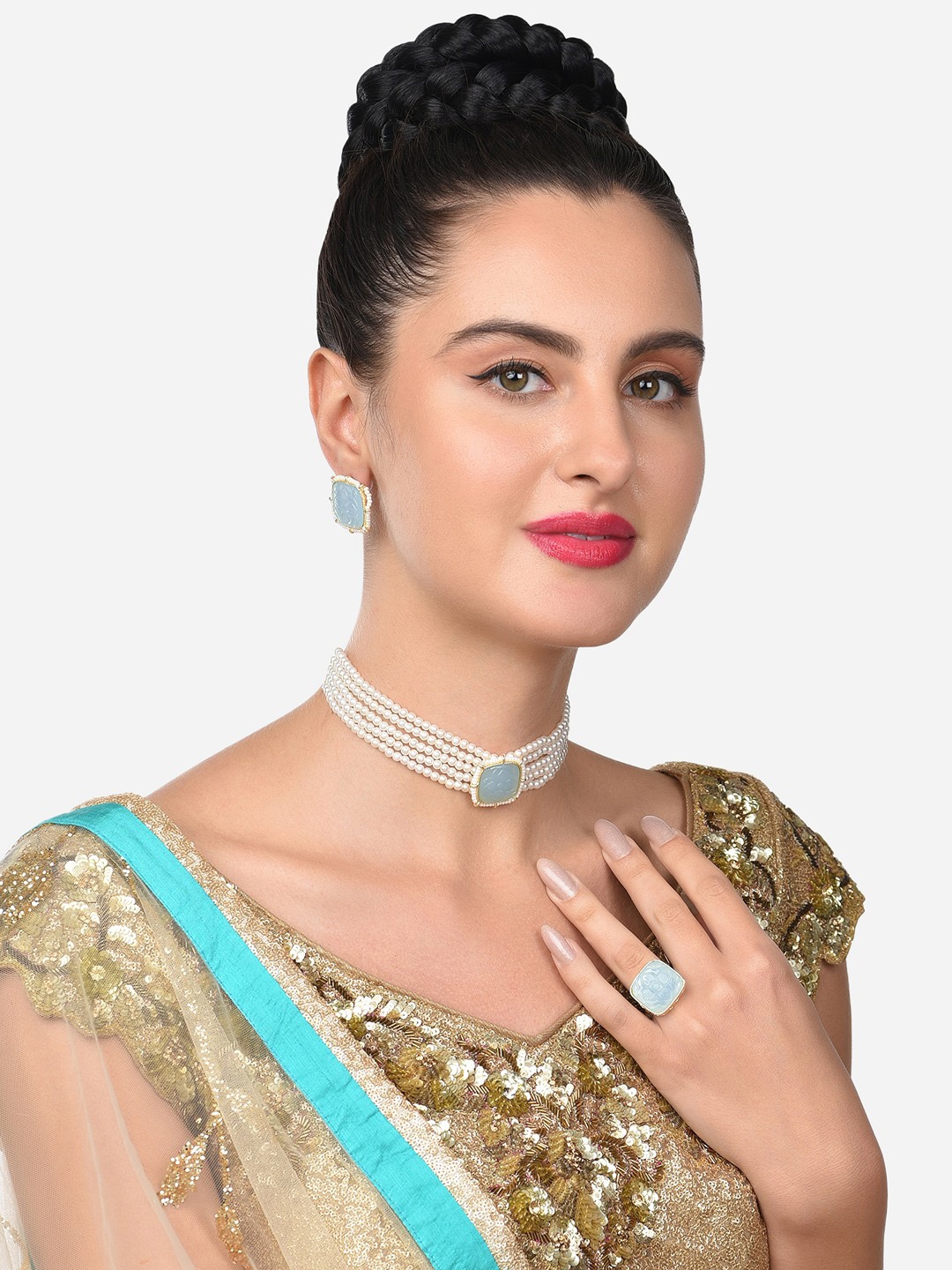 

Zaveri Pearls Grey Gold-Plated Stone-Studded Pearls Beaded Choker Necklace Set