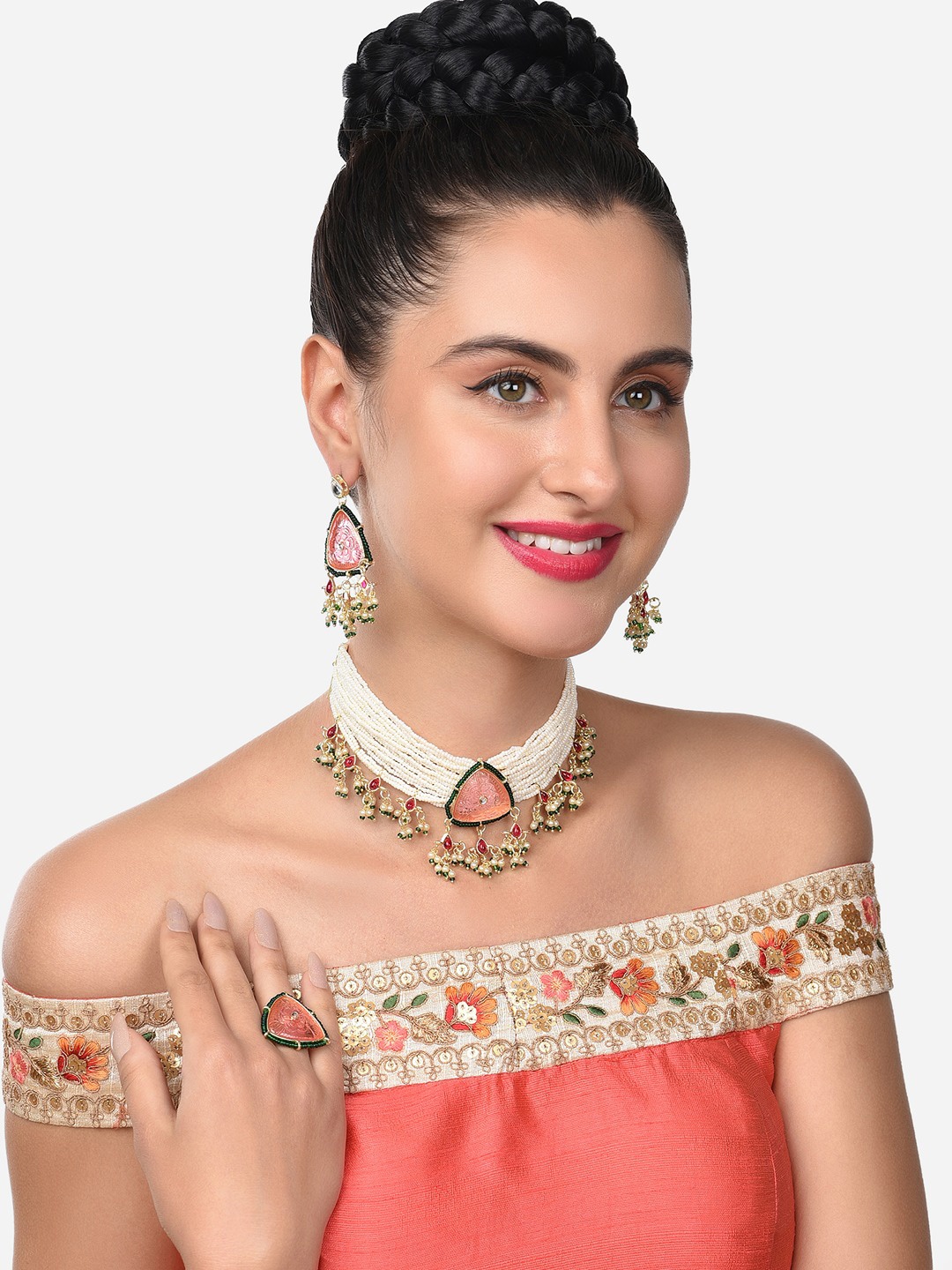 

Zaveri Pearls Gold-Plated Pink & Green Stone-Studded Pearl Beaded Choker Necklace Set