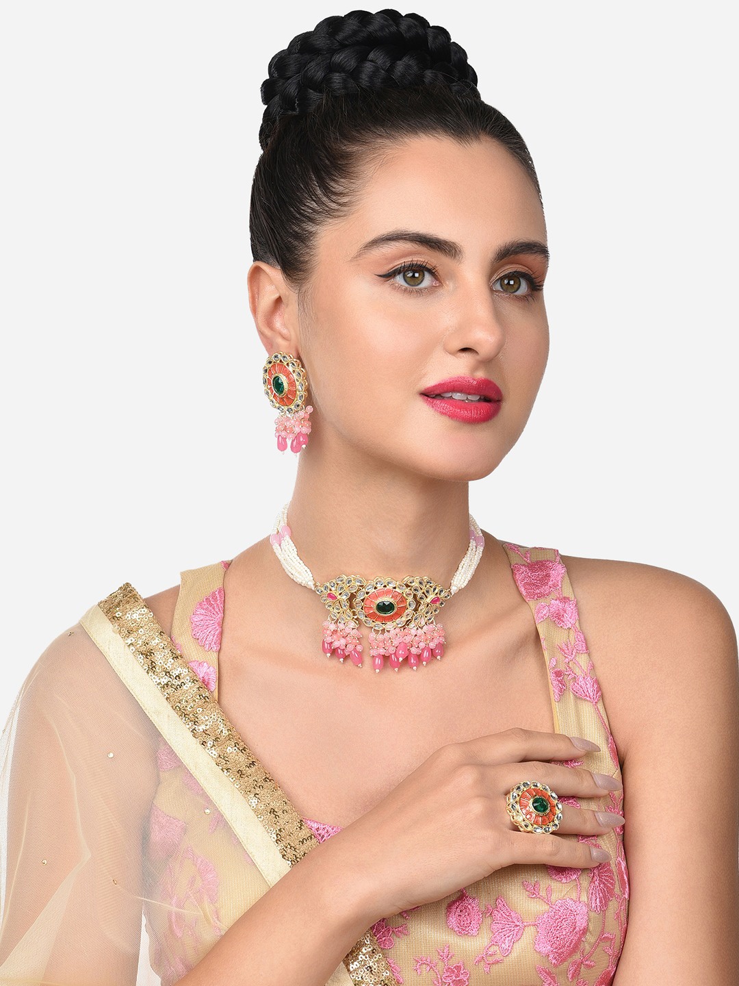

Zaveri Pearls Gold-Plated White & Pink Stone-Studded & Beaded Jewellery Set