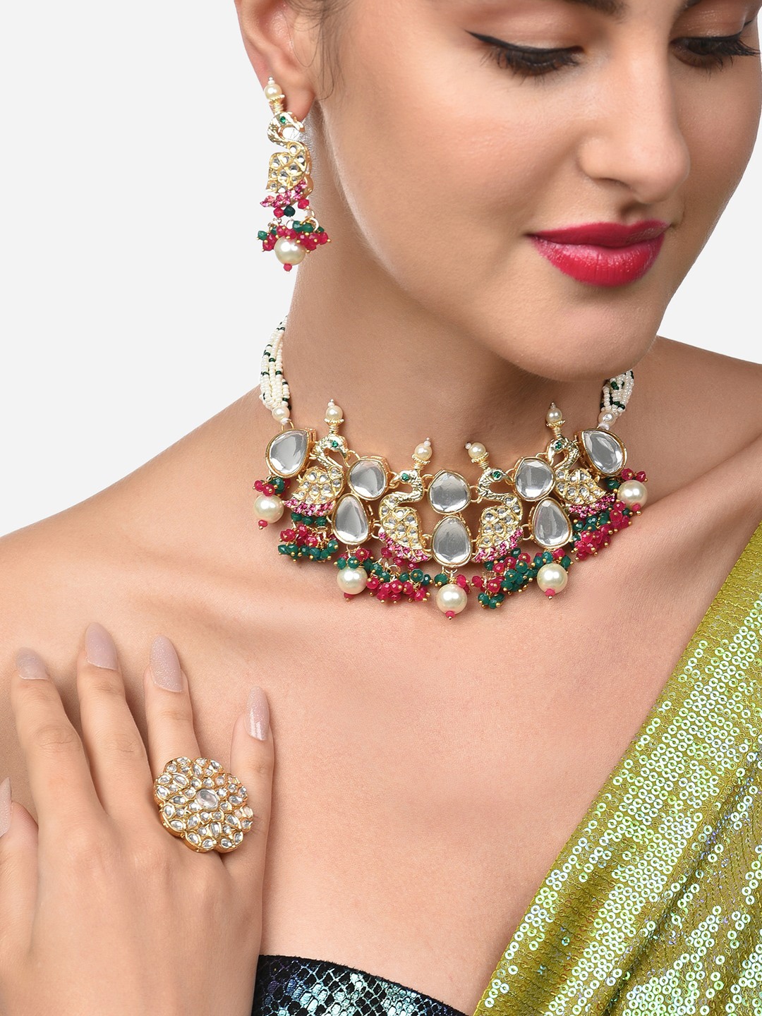 

Zaveri Pearls Gold-Plated Pink & Green Stone-Studded & Beaded Choker Jewellery Set