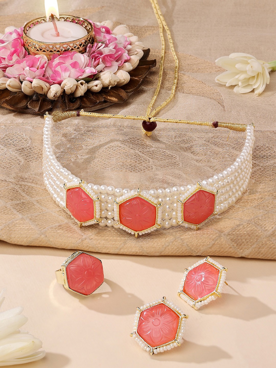 

Zaveri Pearls Gold-Plated & Pink Pearls Jewellery Set