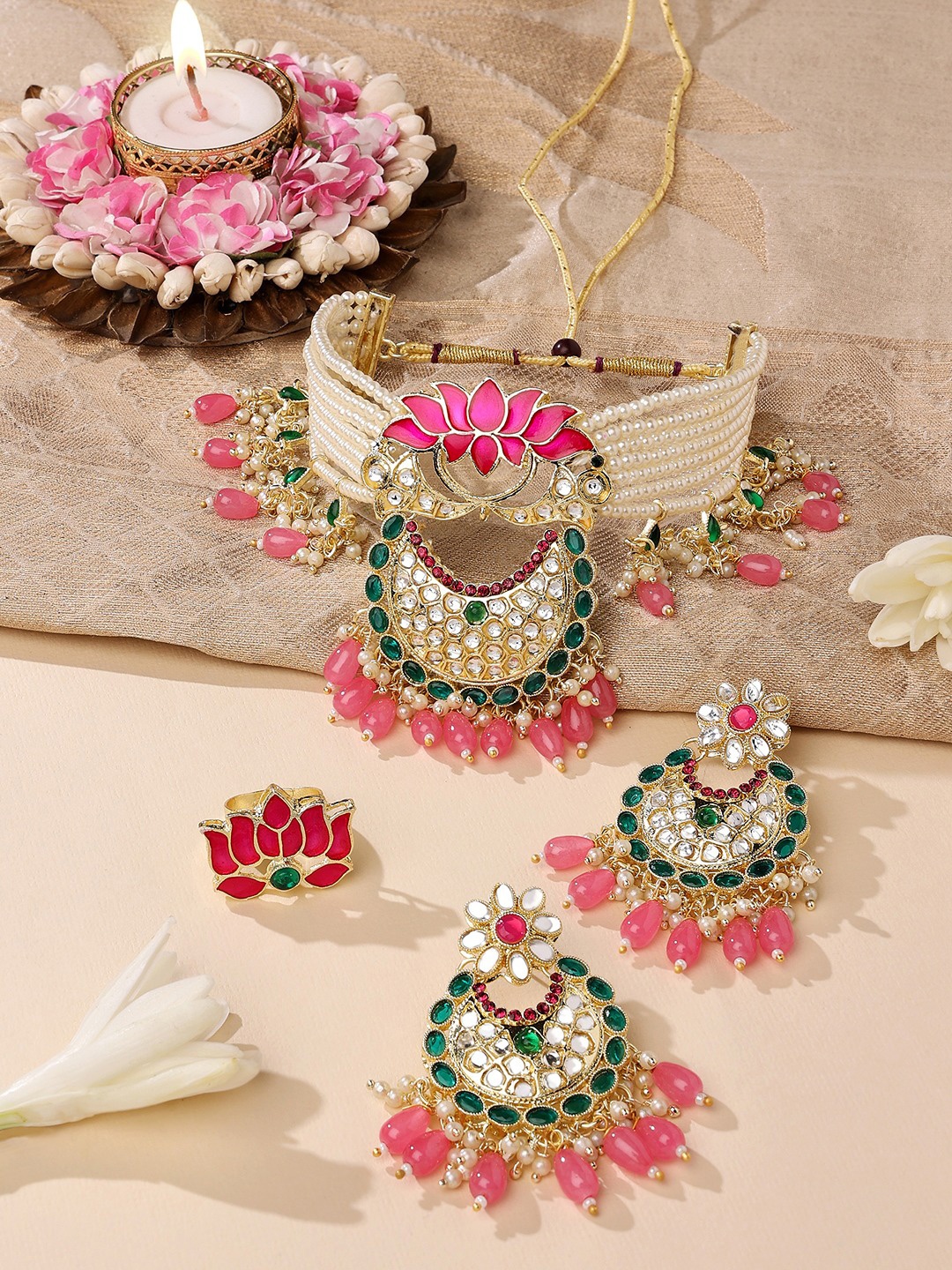 

Zaveri Pearls Gold-Plated Pink & Green Stone-Studded & Pearl-Beaded Meenakari Jewellery Set