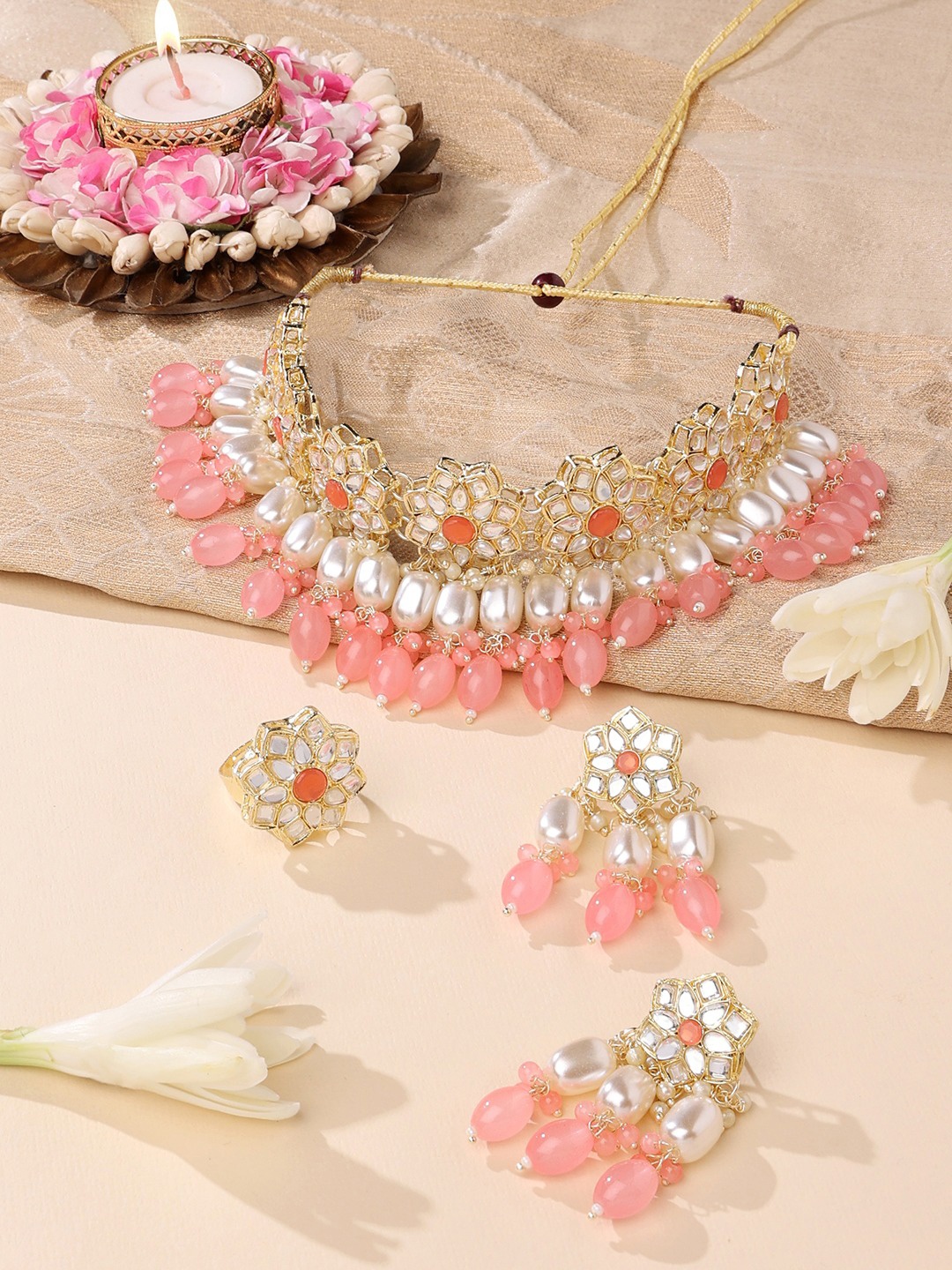 

Zaveri Pearls Gold-Plated Pink Kundan Stone-Studded Beaded Choker Necklace Set