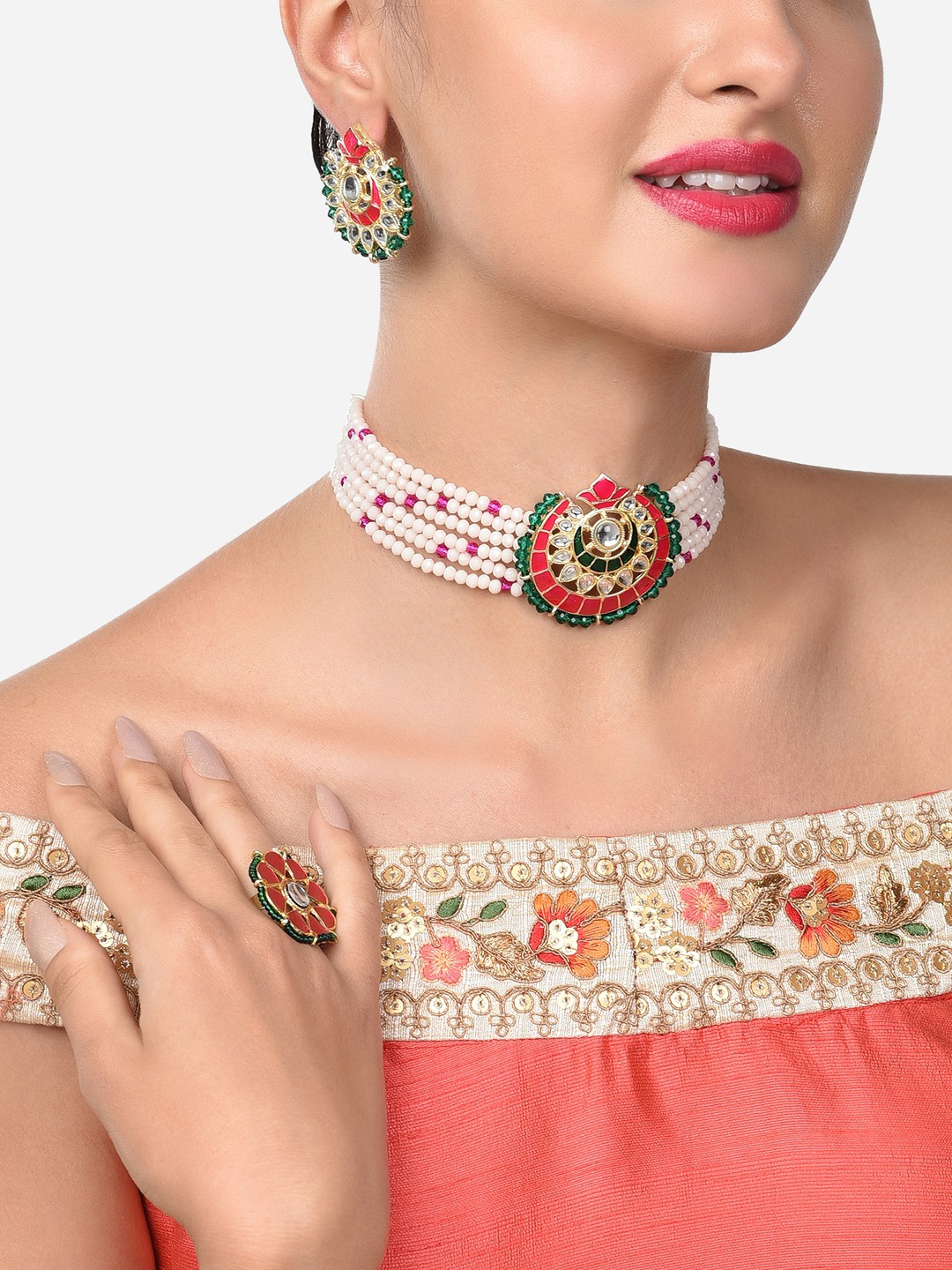 

Zaveri Pearls Gold-Plated Pink Stone Studded & Beaded Jewellery Set