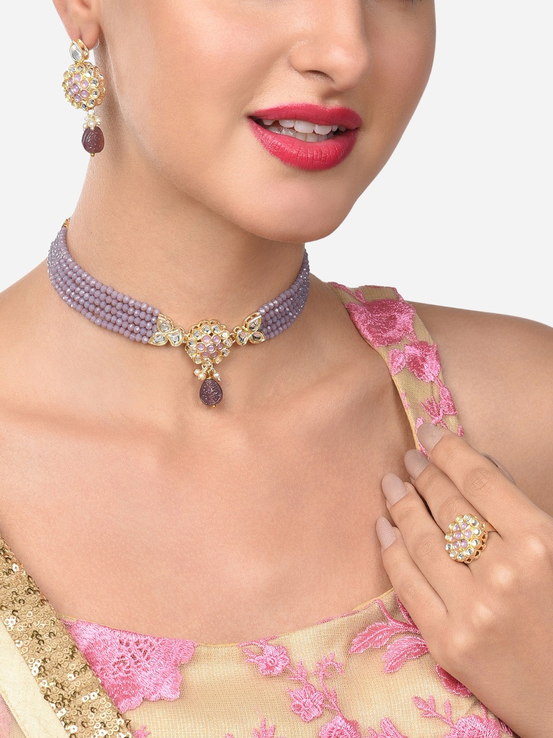 

Zaveri Pearls Gold-Plated Purple Kundan-Studded & Beaded Jewellery Set