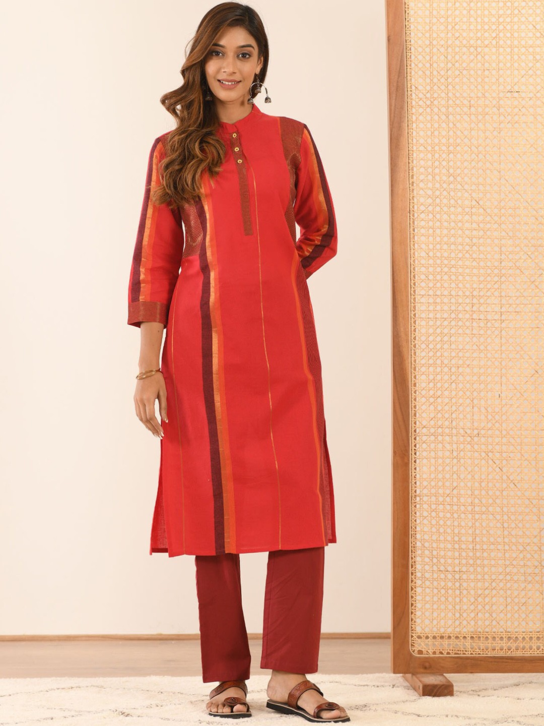 

Aaheli Women Red Striped Pure Cotton Kurta with Pyjamas