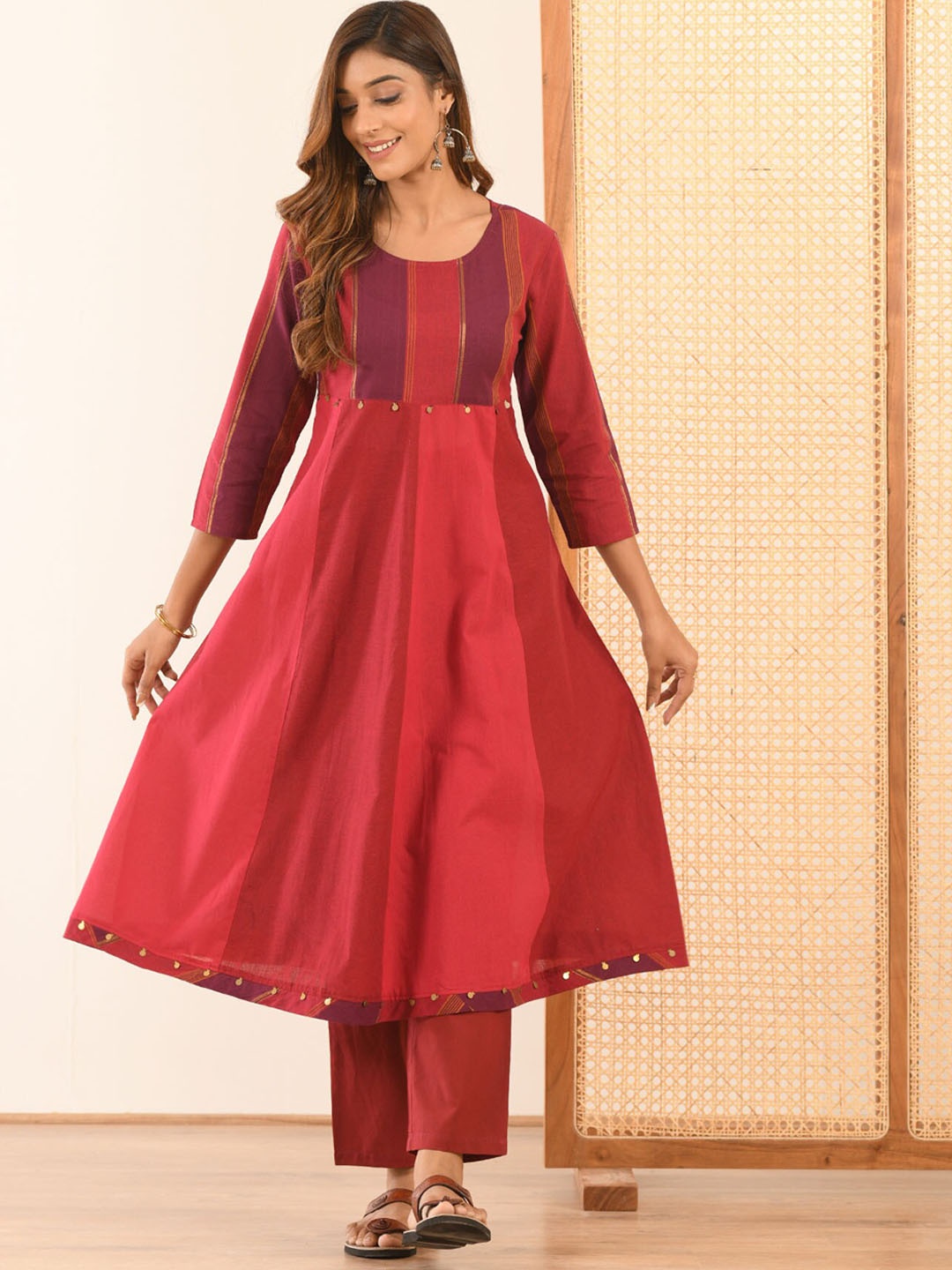 

Aaheli Women Maroon Striped Empire Pure Cotton Kurta with Trousers