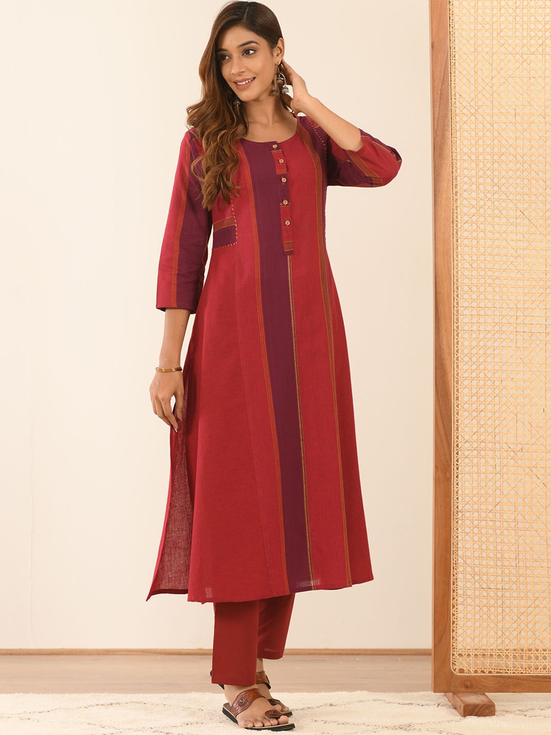 

Aaheli Women Maroon Striped Pure Cotton Kurta with Pyjamas