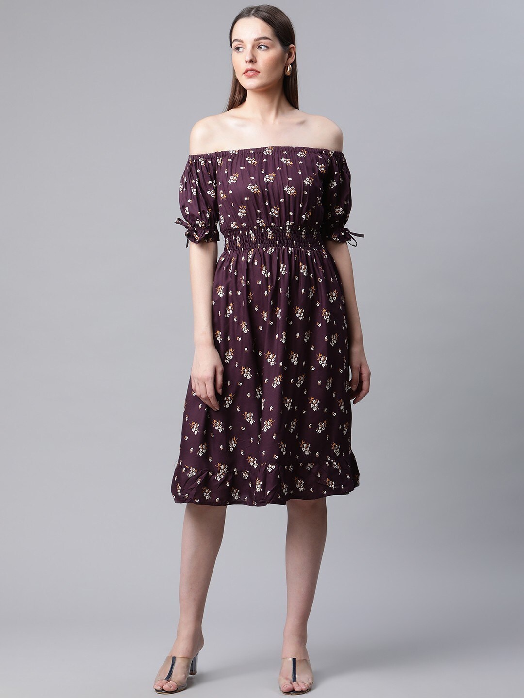 

RIVI Purple Floral Off-Shoulder Dress