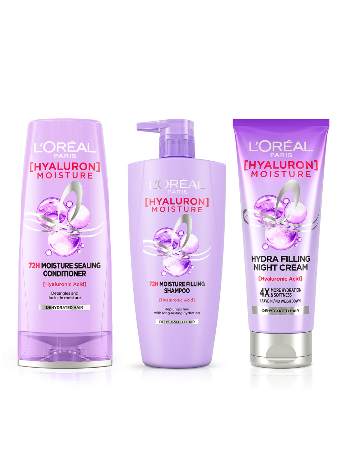 

LOreal Paris Set of Hyaluron Moisture Shampoo 1000ml + Conditioner 180ml + Cream 180ml, Purple