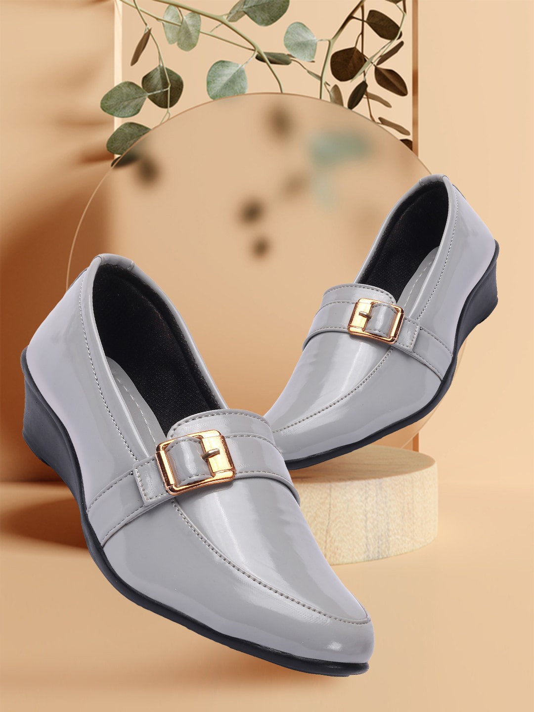 

FASHIMO Women Solid Synthetic Round Toe Buckle Loafers, Grey