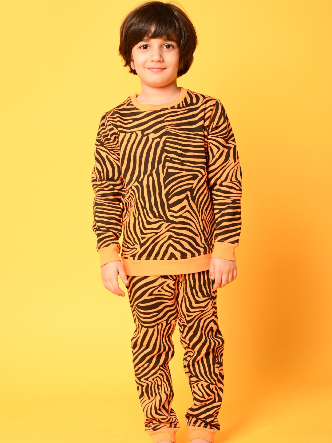 

Anthrilo Boys Orange & Black Zebra Striped Fleece Sweatshirt & Joggers