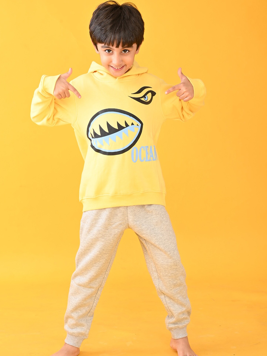 

Anthrilo Boys Yellow Shark Hoodie with Grey Jogger Set