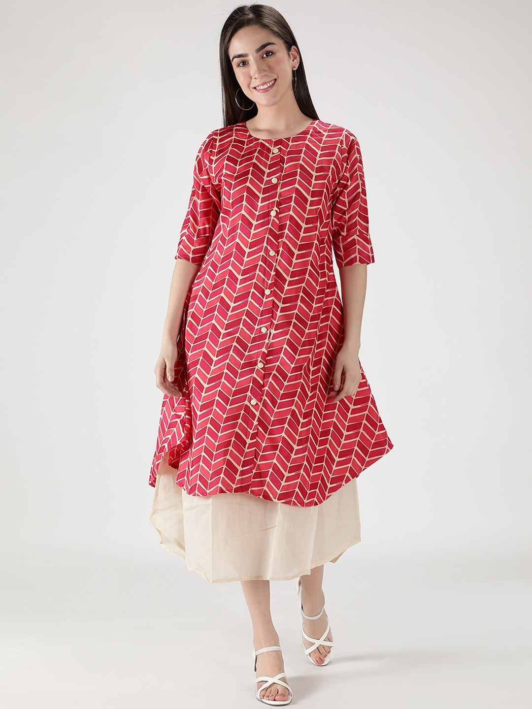 

Fabclub Pink & Cream Printed Layered A-Line Midi Dress