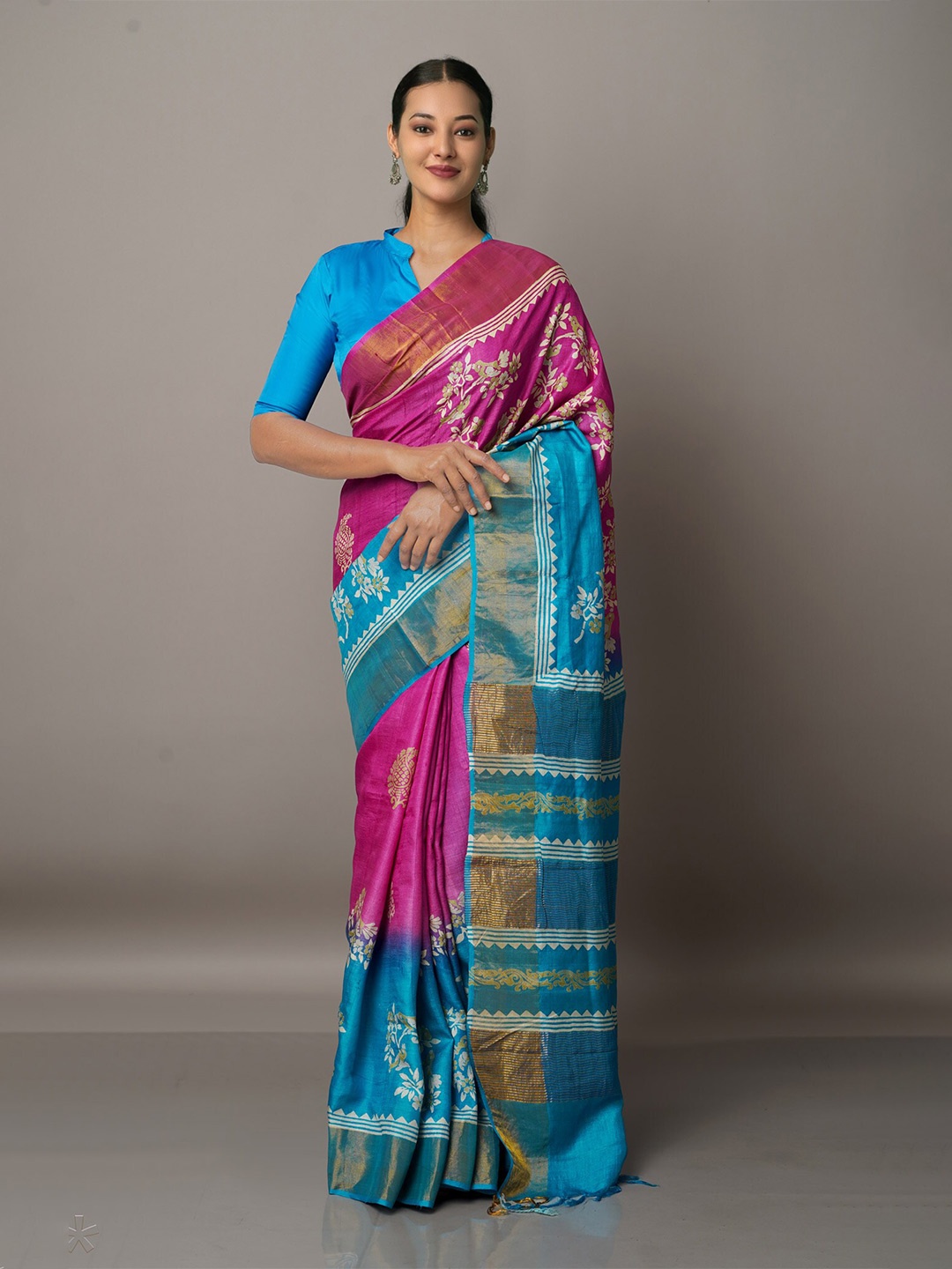 

Unnati Silks Pink And Blue Ethnic Motifs Zari Pure Silk Tussar Saree
