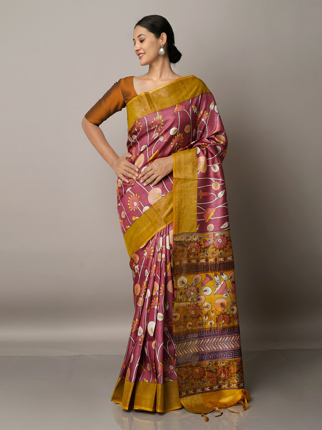 

Unnati Silks Mustard Yellow And Pink Ethnic Motifs Print Pure Silk Tussar Saree