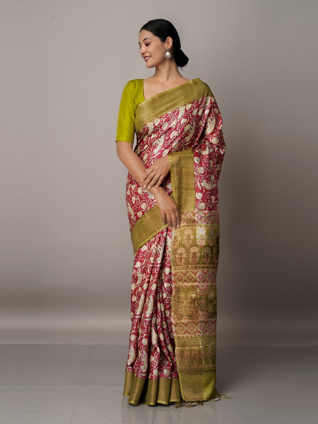 

Unnati Silks Maroon And Green Ethnic Motifs Print Zari Pure Silk Tussar Saree