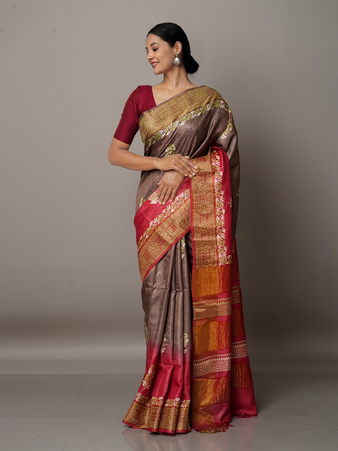 

Unnati Silks Brown And Red Ethnic Motifs Print Zari Pure Silk Tussar Saree