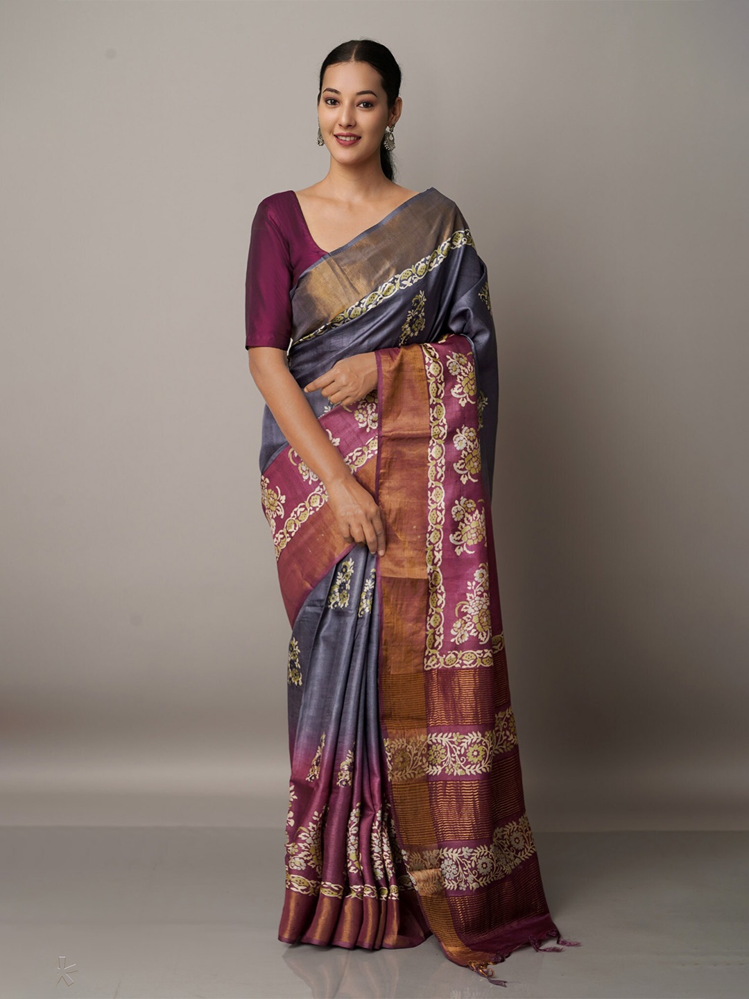 

Unnati Silks Grey And Purple Floral Print Zari Pure Silk Tussar Saree