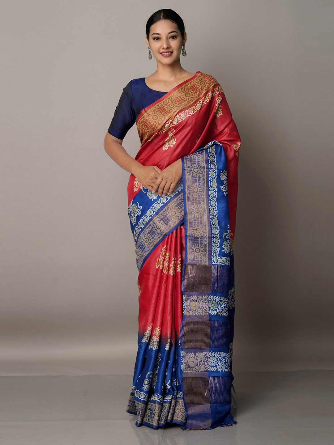 

Unnati Silks Red And Blue Ethnic Motifs Print Zari Pure Silk Tussar Saree