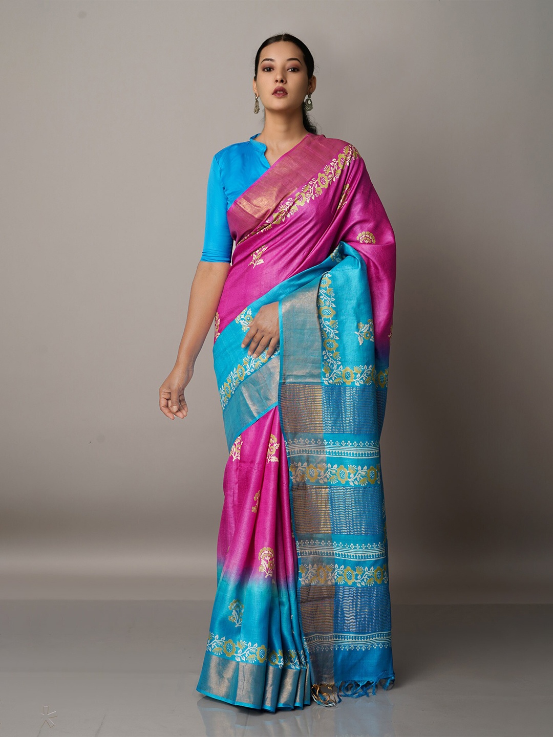 

Unnati Silks Pink & Blue Floral Pure Silk Tussar Saree