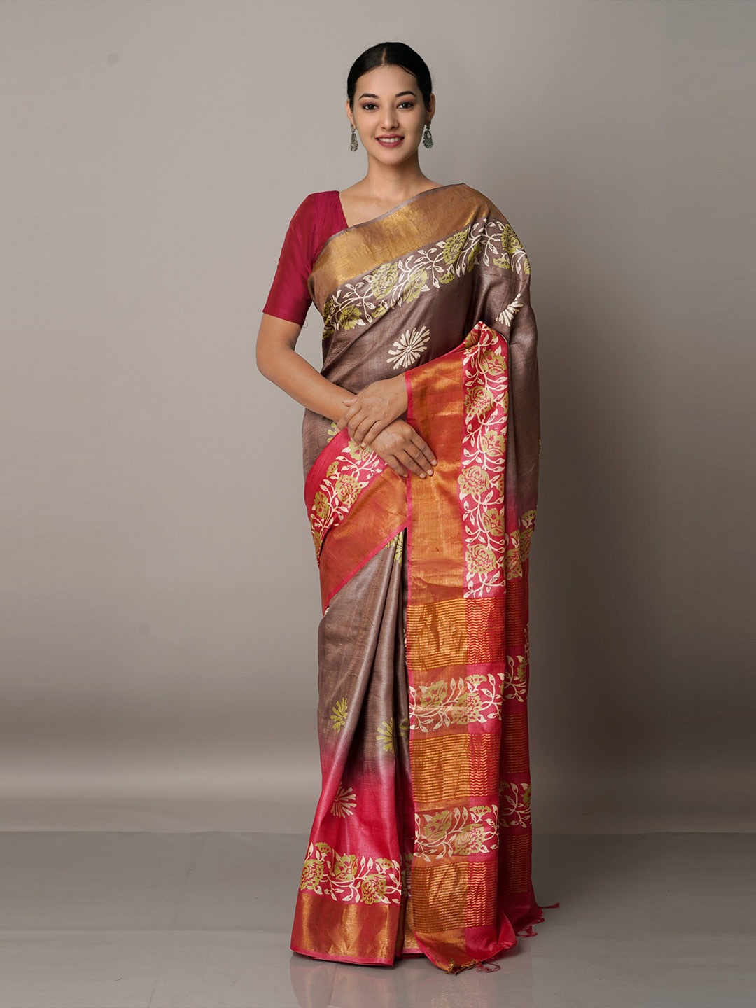 

Unnati Silks Brown & Red Floral Zari Pure Silk Tussar Saree