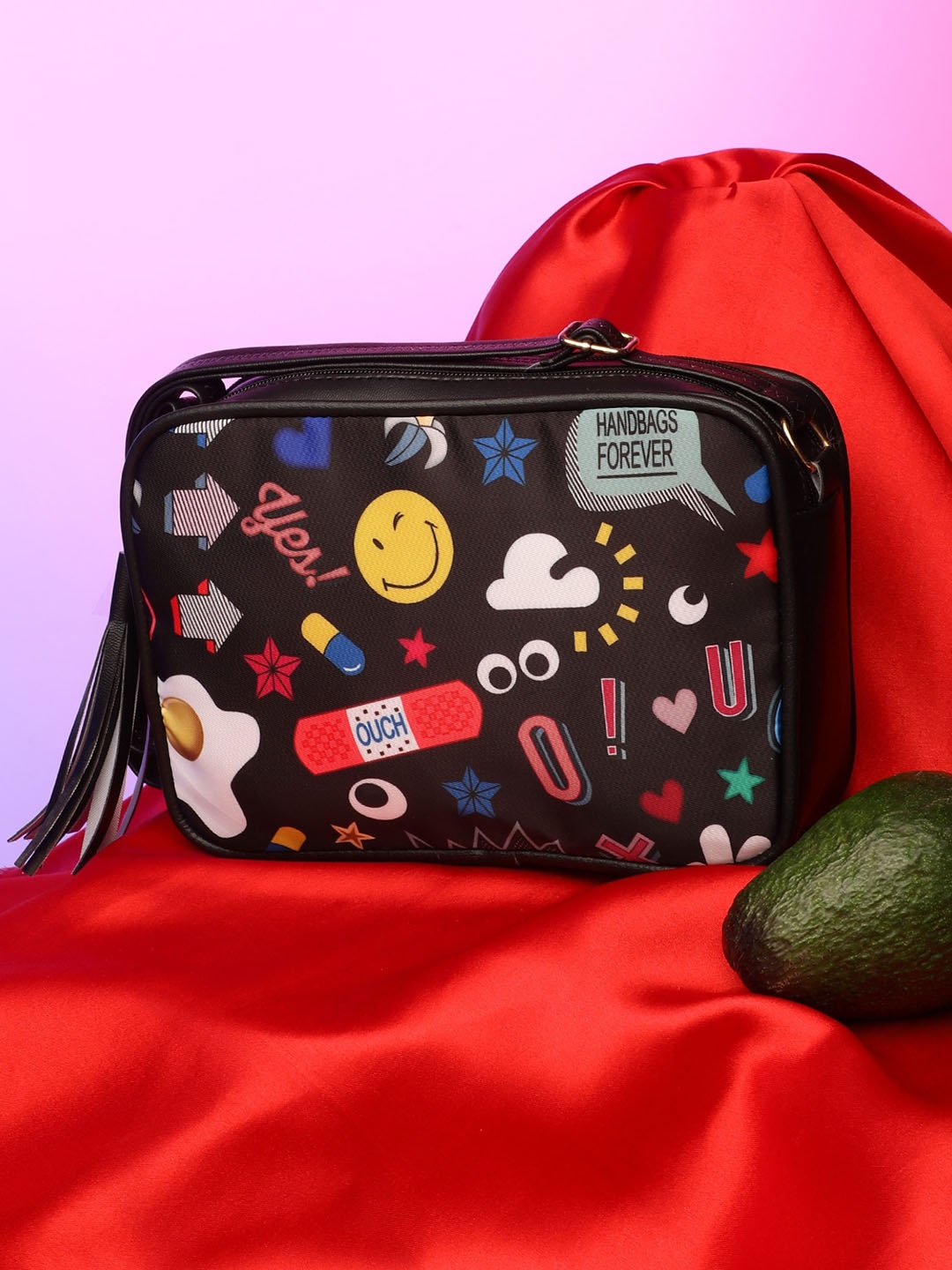 

Athena Women Black Conversational Printed Half Moon Tasselled Sling Bag
