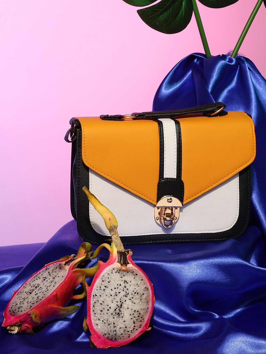 

Athena Women Mustard Yellow Colorblocked Structured Handheld Bag