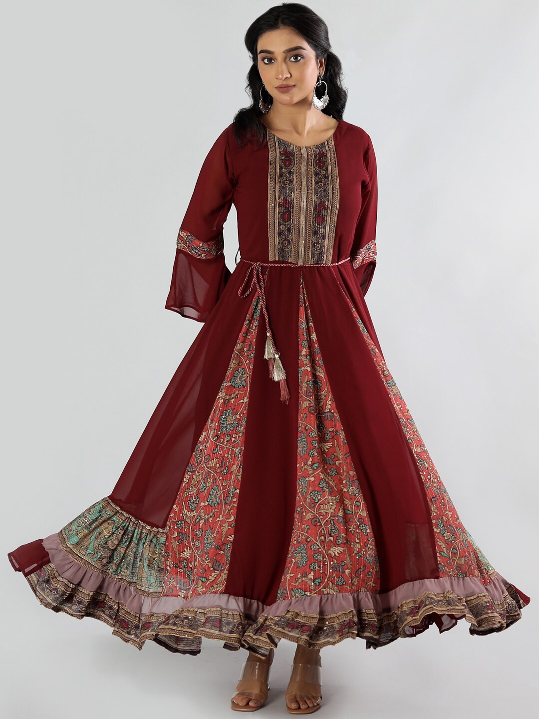 

taruni Women Maroon Ethnic Motifs Printed Bell Sleeves Anarkali Kurta