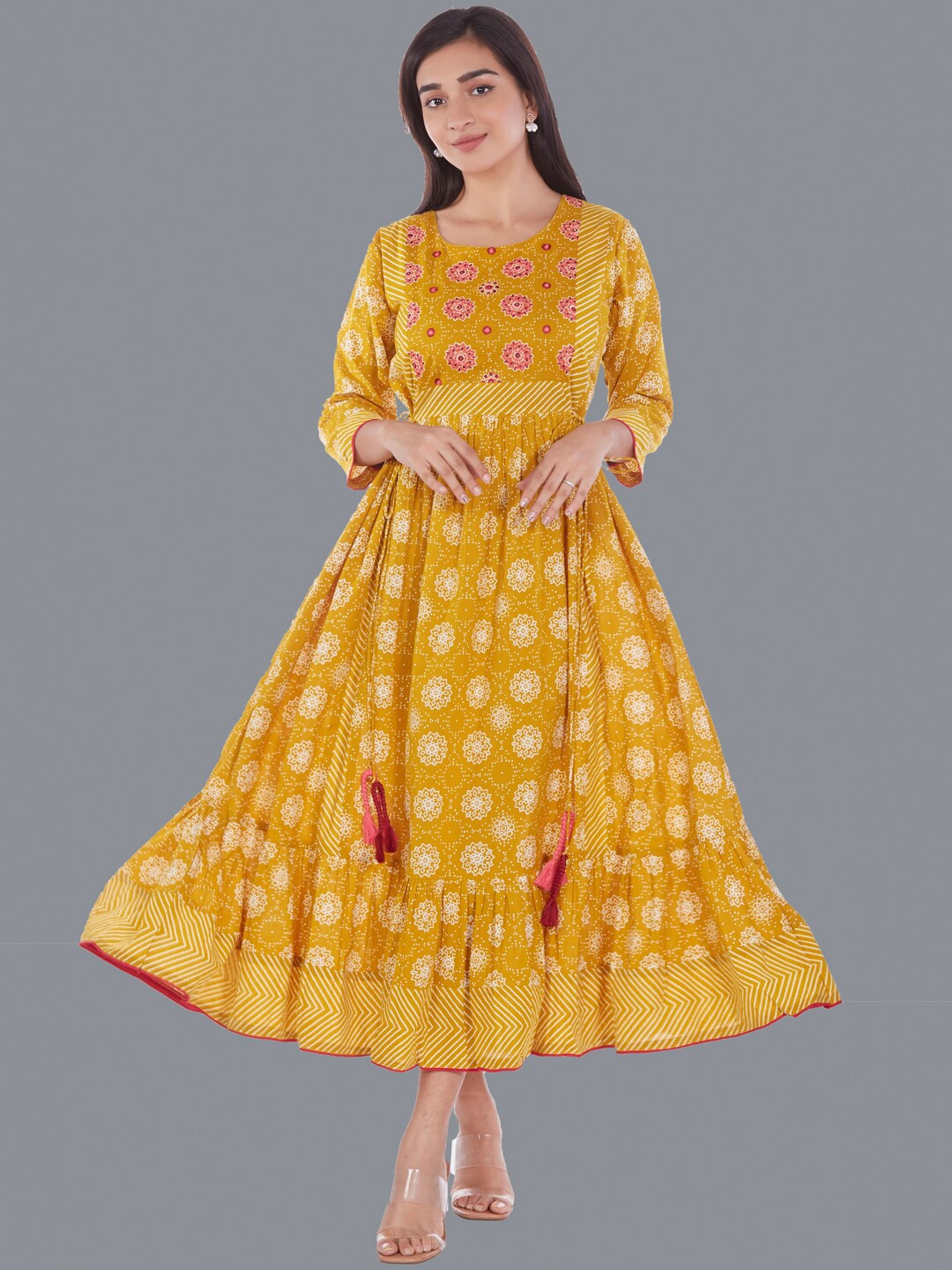 

taruni Women Mustard Yellow Printed Maxi Ethnic Dress