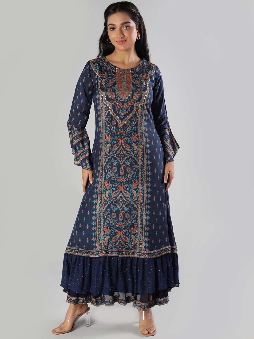 

taruni Women Navy Blue Printed Sequined Maxi Ethnic Dress