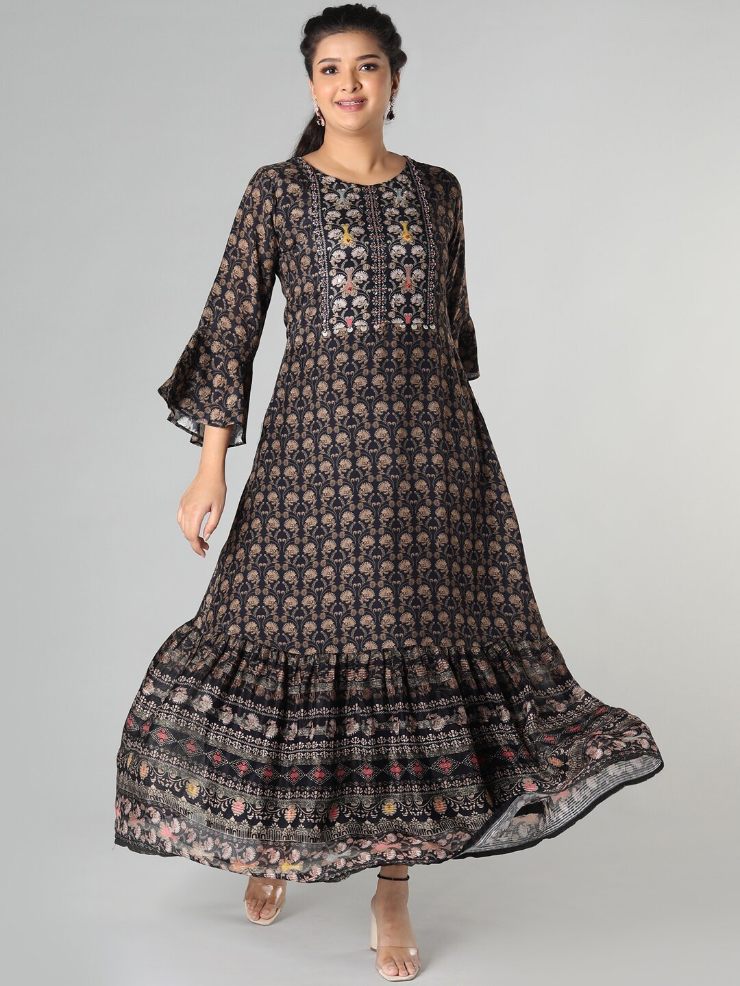 

taruni Women Black Ethnic Motifs Printed Bell Sleeves Thread Work Anarkali Kurta