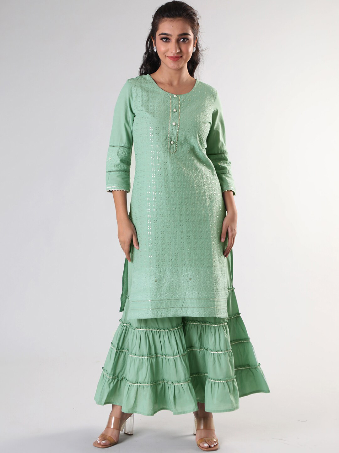 

Taruni Women Floral Embroidered Gotta Patti Pure Cotton Kurta with Sharara, Green