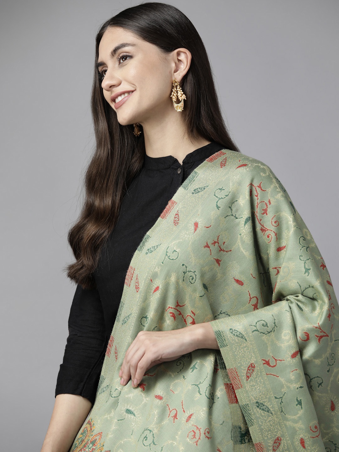 

Cayman Women Ethnic Motif Woven Design Woolen Stole, Green