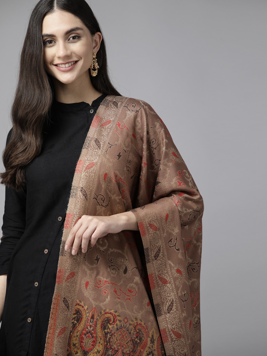 

Cayman Women Ethnic Motif Woven Design Woolen Stole, Brown