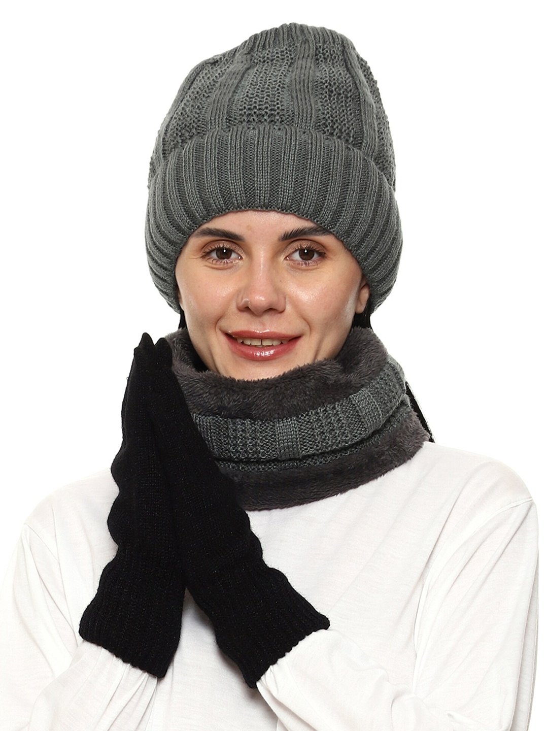 

Gajraj Unisex Grey Acrylic Beanie, Neck Warmer Scarf and Gloves Set (3 Piece)